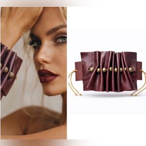 Burgundy Genuine Leather Cuff Bracelet | Handmade Artisan Statement Wrist Cuff